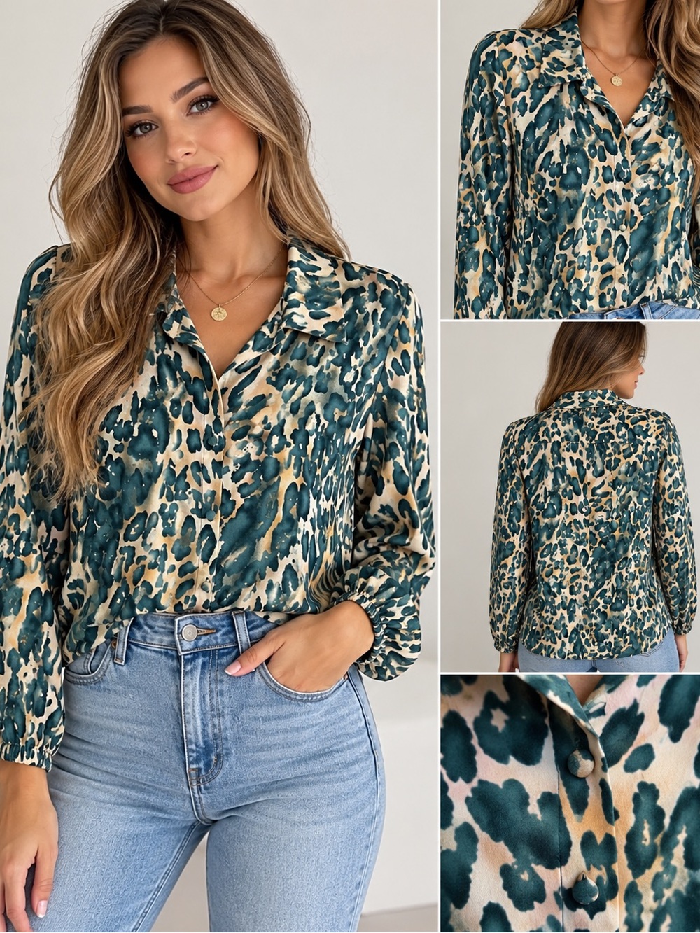 Green Leopard Animal Print Button Down Blouse Women’s L Long Sleeve Y2K